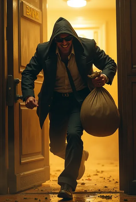 A personal photo robbing a bank and carrying in his hand a bag carrying a lot of gold while leaving the bank with showing the features of the person while smiling