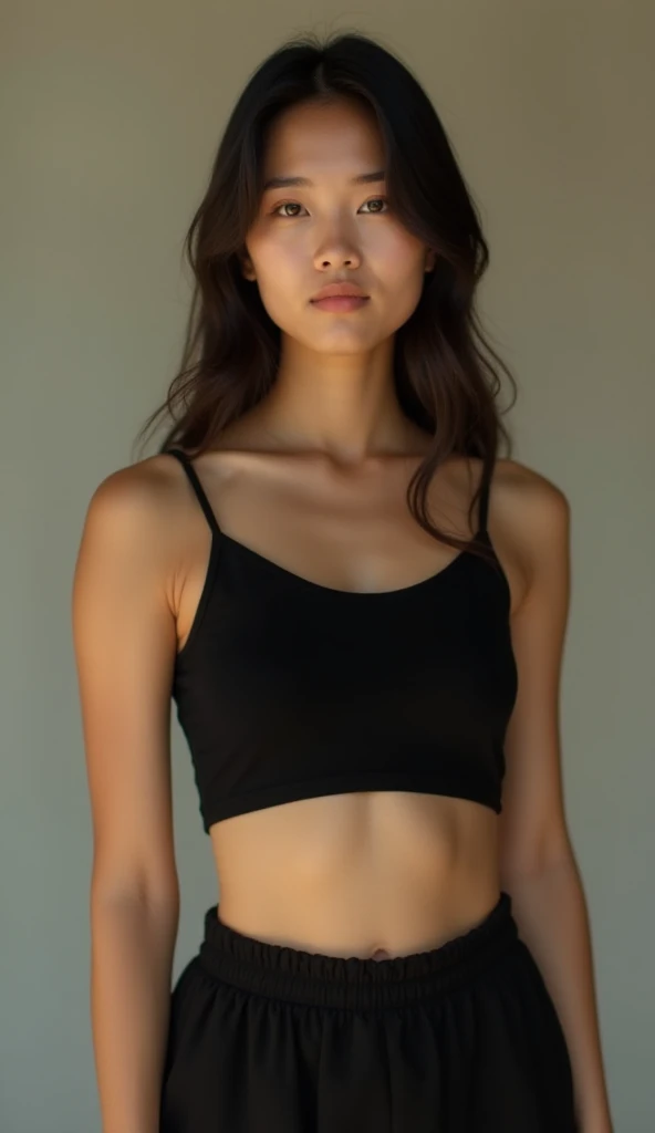 A beautiful Indonesian girl wears a black crop top and black shorts