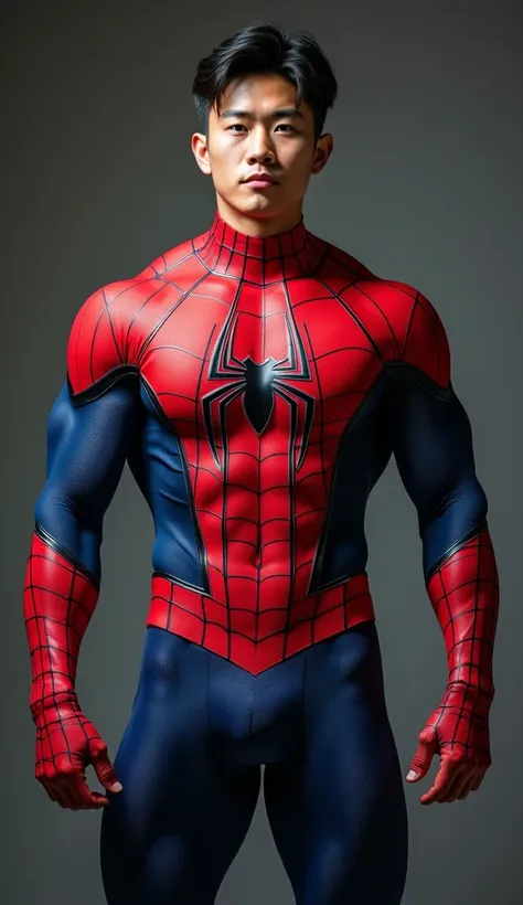 Handsome and sexy Korean ager, ager, young, male, wearing Spiderman costume while showing his sixpack abs, muscular, sixpack, young, front view, Korean idol, hot, very muscle, very horny biceps and triceps, photo realistic, realistic, 8k, UHD, sexy, Biceps...