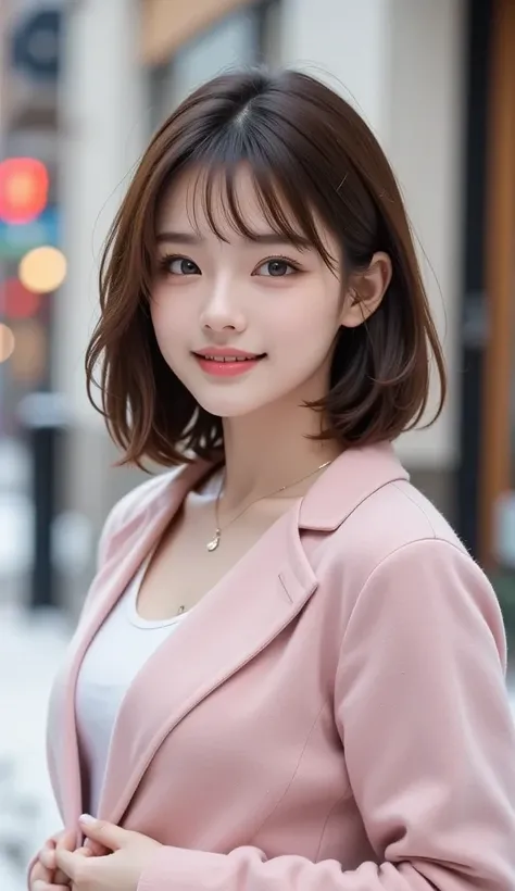 Laughter、best quality, perfect dynamic composition,  Winter casual wear,small breasts、natural color lip, 20 year old girl、cute type、full length, whole body,
winter pink fashion、sexy shot looking at camera

