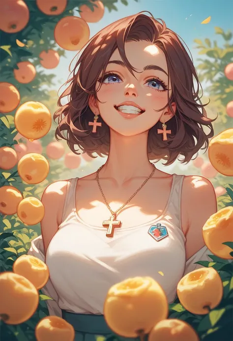 score_9, score_8_up, score_7_up, source_anime, beautiful, perfect eyes, Peach, Australian, Crooked teeth, Lavender Honey, Cross pendant necklace brunette