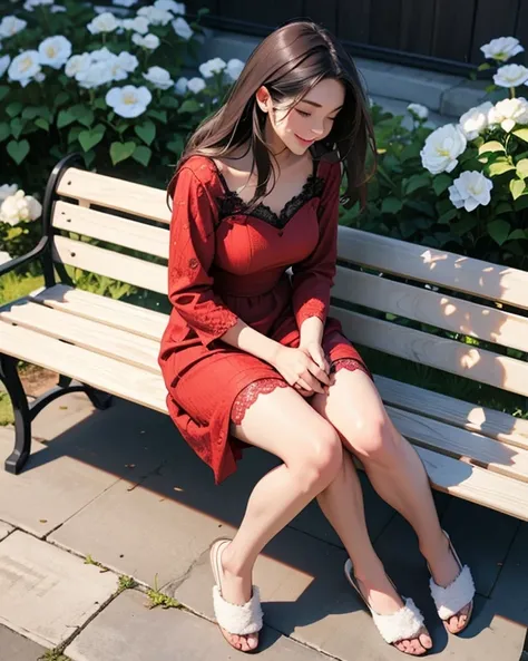 1girl, Solo, Long Hair, Smile, Closed Eyes, from above view. From above side view.

Cute and beautiful face.

Summer dark red lace dress. Sitting on a bench. hands are on her lap. White Flowers on her lap.

Show full body. Wearing slippers.