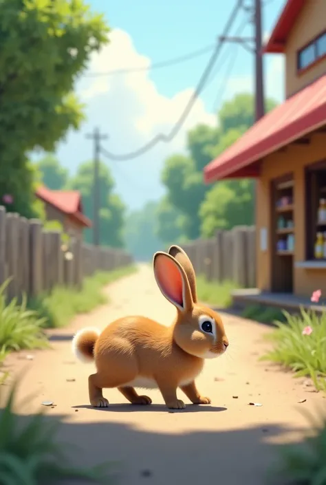 Sure! Here's a prompt for generating a realistic image:

"A small rabbit walking along a road, with a shop on the side of the road. The scene is set during the day with natural lighting, showing the detailed textures of the rabbit's fur and the shop's exte...