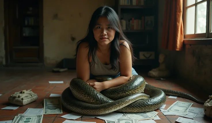 "An Indonesian woman, her body now half-snake, sitting on the floor surrounded by unpaid bills and luxury items. She has a look of desperation and pain in her eyes, her once-perfect life unraveling. The transformation is a clear sign of her punishment for ...