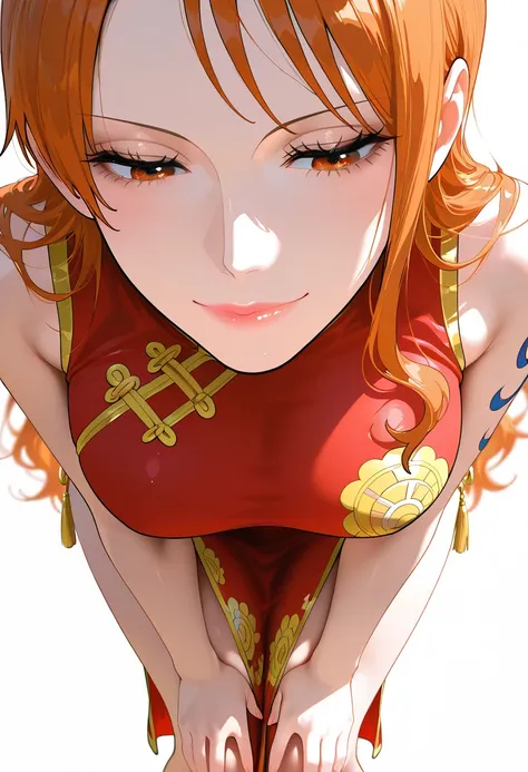 masterpiece, best quality, amazing quality, 1girl, Nami, one piece, orange eyes, orange hair, long hair, red Chinese cheongsam, beautiful legs, white legs, very happy smile, close up shot, leaning forward, simple background, medium size boobs , golden rati...