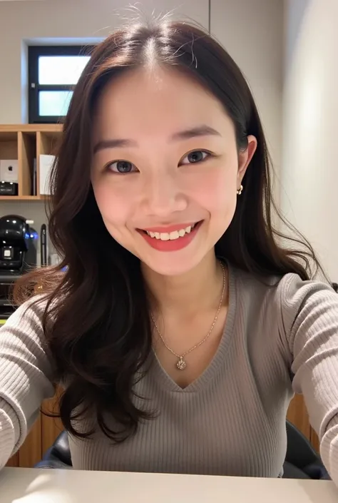  35 year old Chinese woman is taking a selfie in the background of a cafe shop,  white skin, Nice face.  ultra-realistic , Natural skin.  office room background.
