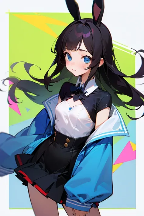  top quality,   super high resolution, illustration style, (( cute middle school girl)),( small tits), long dark hair, blue eyes, black bunny girl、High Grade