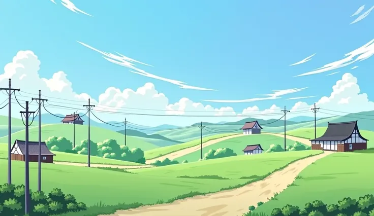 Field paths，telephone poles，Japanese style houses，Clouds，Clear blue sky。