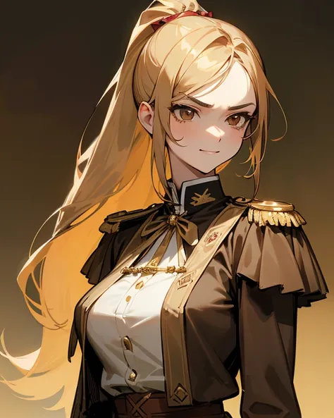 Beautiful girl, beautiful face, has a arrogant expression, smug smile,smug appearance, arrogant face, short height, sharp eyes, brown eyes, golden straight hair, long hair with a ponytail, golden hair, wears a brown victorian military comander outfit, coup...