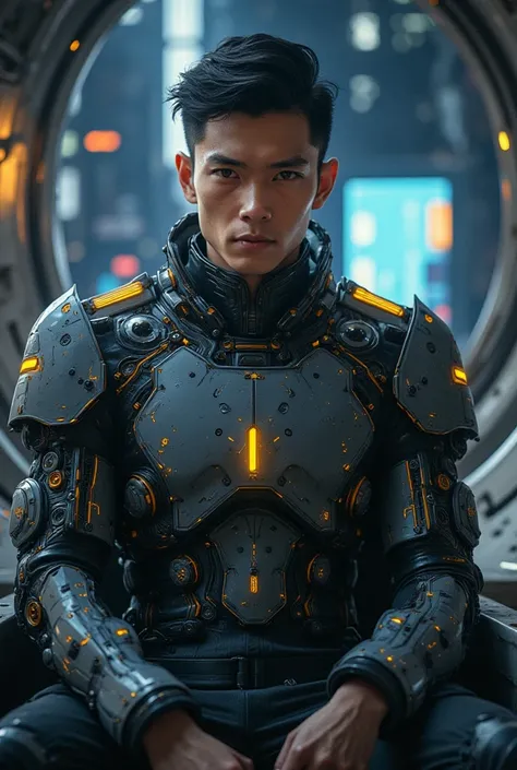 Half body photography of male masculine indonesian cyber plan Starfleet commander pilot, sit on chair control megacyber cockpit deck, wear solarpunk cyber armor deep Gray and Dark blacl color armor With golden epaulet,cheerful handsome face,slender fit pro...