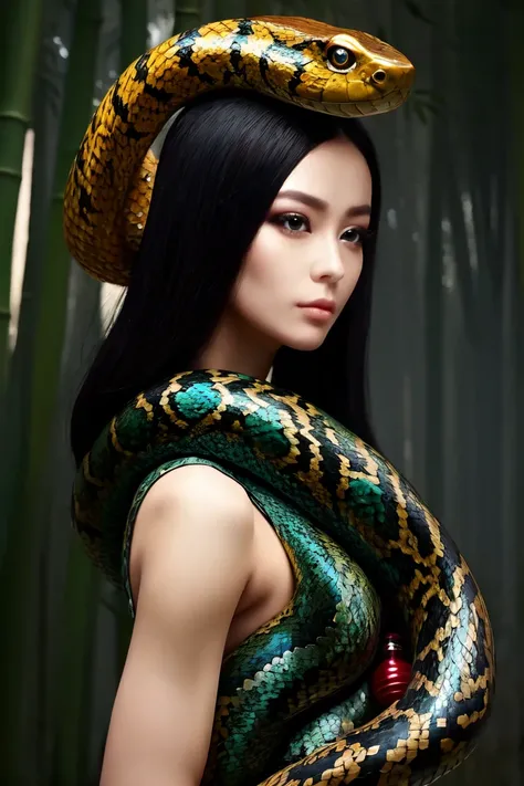 Chinese woman, long jet-black hair, golden serpent hairpins, crimson silk qipao, emerald scale embroidery, jade-green slit eyes, iridescent serpent, turquoise scales, coiled pose, misty bamboo forest, floating lanterns, traditional Chinese fantasy, vibrant...