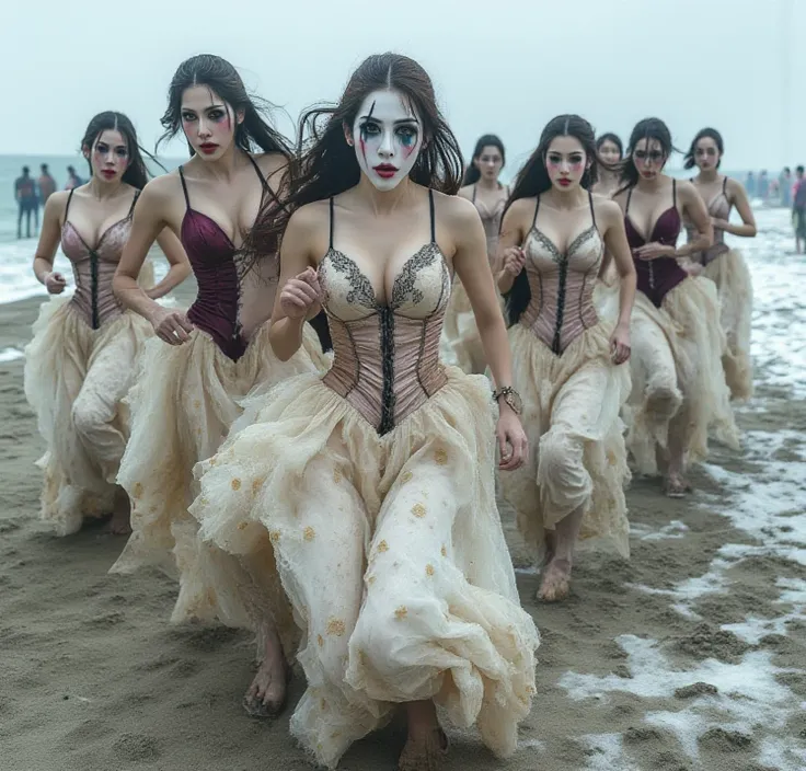 Group of figures in period attire, running across a snowy beach.  Pale-skinned, young adult women, with clown-like makeup and expressions, wearing full-length, cream-colored, Victorian-era gowns, heavily soiled with mud and dirt.  Gowns are flowing and bil...