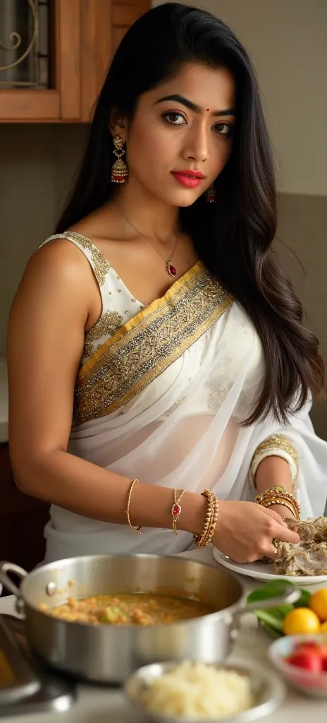 Highly attractive woman having big boobs wearing white transparent saree with white and golden black border deep neck blouse bangles and earrings  cooking in kitchen looking at viewer in seductive look, chubby cheeks, long hanging earrings, very small red ...