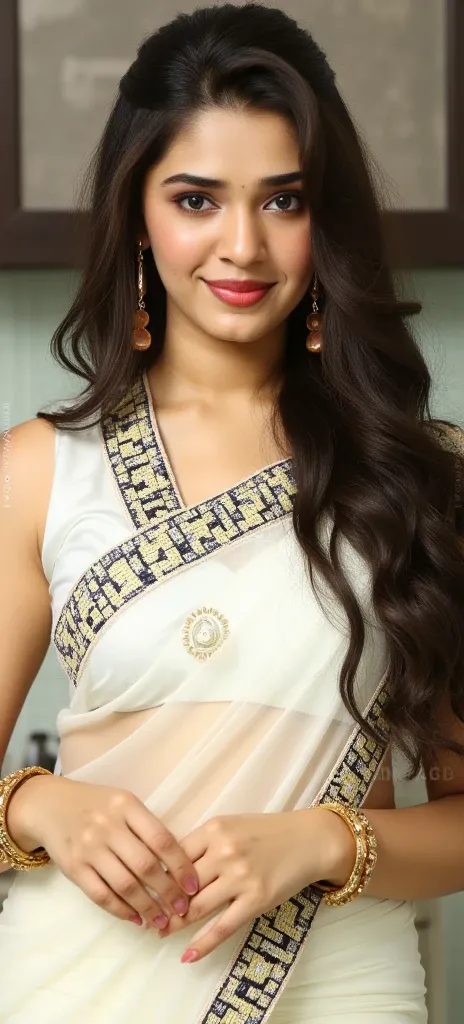 Highly attractive woman having big boobs wearing white transparent saree with white and golden black border deep neck blouse bangles and earrings  cooking in kitchen looking at viewer in seductive look, chubby cheeks, long hanging earrings, very small red ...