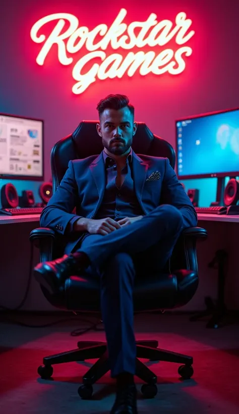 Handsome Man Seating on a chair, Like a Boss In Background Written On The wall "Rockstar Games" First Alphabet Must Be In Capital Letter, gaming studio environment in background, Glowing Neon Effect 