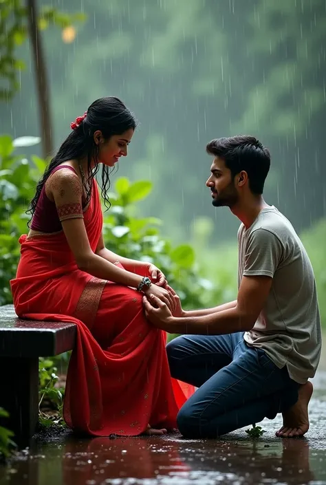 its raining in nature, a bengali woman wearing sharee open black hair sitting on a bench, a man wearing t-shirt and jeans kneeling down to the woman, The woman holds her saree slightly up in both hands, leans forward a little, and places her feet on the ma...