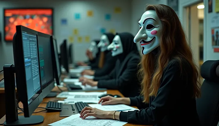  Create an image of a ,  where the gambling department .  The office is modern and expensive ,  office with lots of computers , monitors,  papers and technical devices ,  symbols active .
 There is a girl wearing Salvador Dali's mask in the corner — it's i...