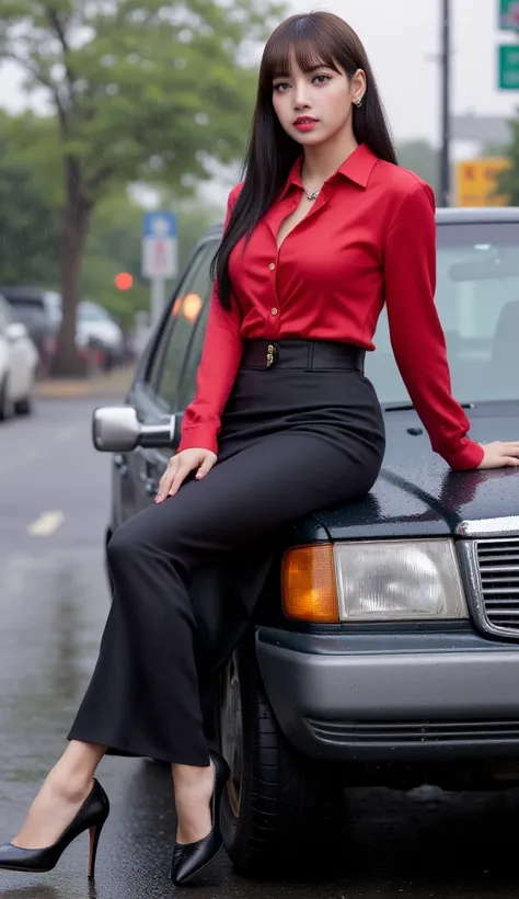  an office lady,  sits on top of the car in the rain,  wet whole body , use an unbuttoned formal shirt of red satin material, use a long oversize skirt to the toe of satin material of black color,  big boobs,  red lips