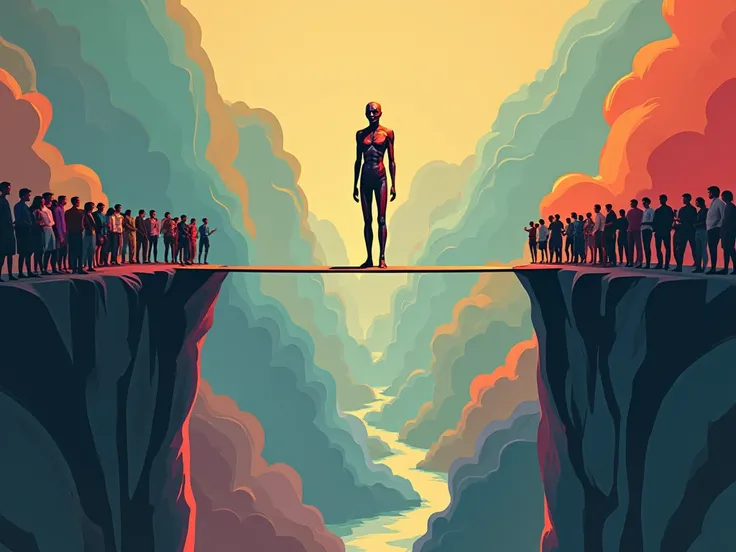 Use Bauhaus art style to illustrate a lone, colorful figure on a tightrope stretched across a surreal abyss, while a crowd watches from below.