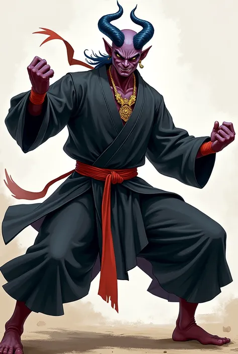 A 2D Tiefling monk DeD with only a small dark blue horn on the right side, With black monk clothes, An oriental necklace and he is in a position to fight with the most flamboyant