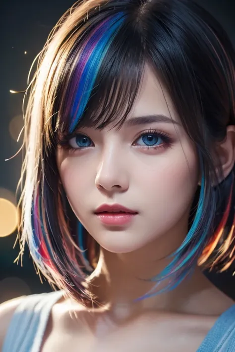 {{Masterpiece}},  best quality ,  Highly Detailed CG Unity 8K Wallpaper,  Cinematic Lights,  lens flare ,  beautiful detail eyes , black,  Sideways glance,   multi colored hair,  colorful  light, particle, Heterochromia, ( colorful :1.5), ( colorful  hair:...