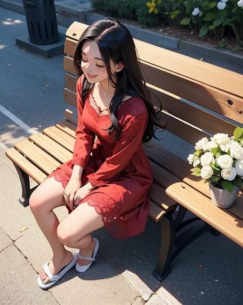 1girl, Solo, Long Hair, Smile, Closed Eyes, from above view. From above side view.

Cute and beautiful face. Only 2 legs please.

Summer dark red lace dress. Sitting on a bench. hands are on her lap. White Flowers on her lap.

Show full body. Wearing slipp...