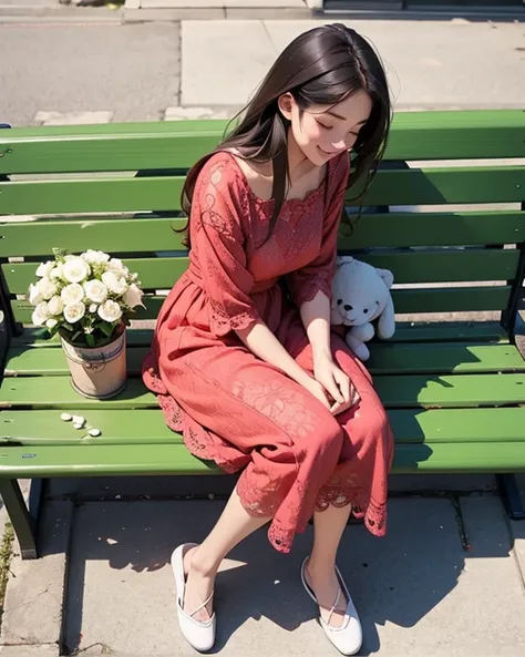 1girl, Solo, Long Hair, Smile, Closed Eyes, from above view. From above side view.

Cute and beautiful face. Only 2 legs please.

Summer dark red lace dress. Sitting on a bench. hands are on her lap. White Flowers on her lap.

Show full body. Wearing slipp...