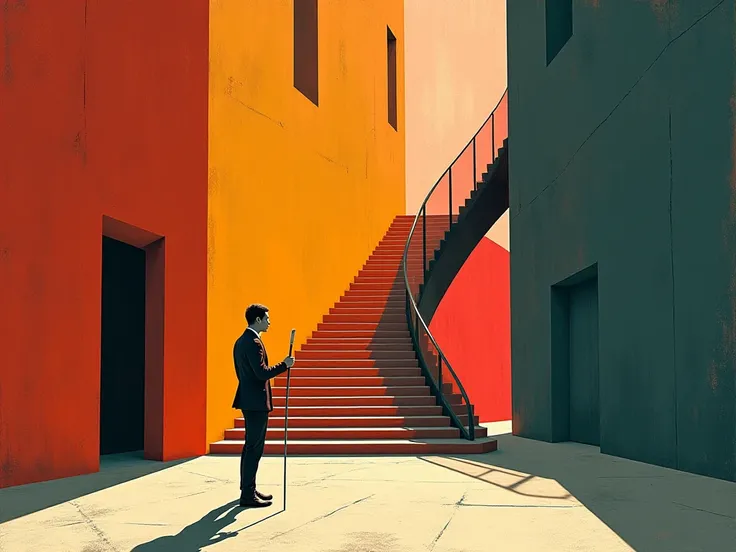 Use Bauhaus art style to illustrate a person painting a giant, abstract staircase leading into an unknown, colorful dimension, symbolizing their unique journey.