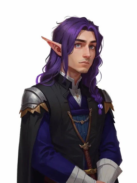 a close up of a person with purple hair and a sword, a portrait of a male elf, a male elf, portrait of a dnd character, a portrait of an elf, elven male, portrait of fin wildcloak, young half elf wizard, male half-elf, inspired in kris from deltarrune, dnd...