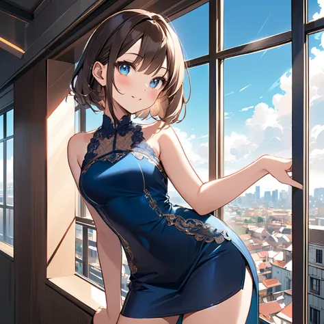 Anime girl, (ethnicity:1.2), (age:1.1), (detailed clothing:1.2), (accessories:1.1), (facial features:1.3), (expression:1.2), (body type:1.1), (pose:1.2) in a dark blue, satin one-piece,  (detailed lace detailing:1.3),  standing by a window,  (skin texture:...