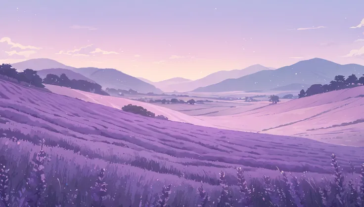 LAVENDER landscape , Pastel Purple Colors ,,Ghibli style ,cute ,Cozy , Landscape Wide Field Ultrawide Purple tone