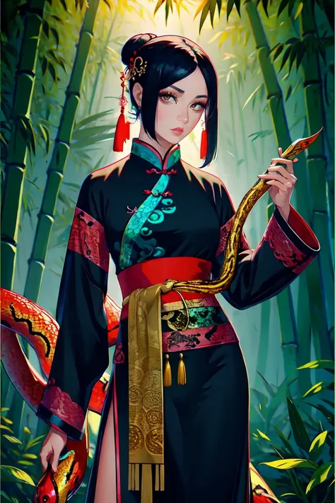 Snake cloth, 3Chinese woman, long jet-black hair, golden serpent hairpins, crimson silk qipao, emerald scale embroidery, jade-green slit eyes, iridescent serpent, turquoise scales, coiled pose, misty bamboo forest, floating lanterns, traditional Chinese fa...