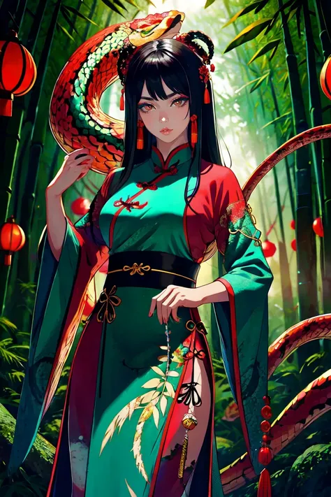 Snake cloth, 3Chinese woman, long jet-black hair, golden serpent hairpins, crimson silk qipao, emerald scale embroidery, jade-green slit eyes, iridescent serpent, turquoise scales, coiled pose, misty bamboo forest, floating lanterns, traditional Chinese fa...