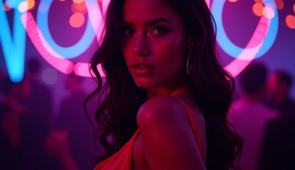 A stunning close-up portrait of a woman in a red dress, standing under vibrant neon lights in a club. The lights glow in shades of deep blue, electric pink, and purple, casting a mesmerizing aura around her. She has a confident, seductive expression, her w...