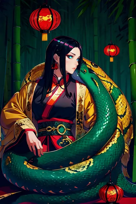 Snake cloth, 3Chinese woman, long jet-black hair, golden serpent hairpins, crimson silk qipao, emerald scale embroidery, jade-green slit eyes, iridescent serpent, turquoise scales, coiled pose, misty bamboo forest, floating lanterns, traditional Chinese fa...