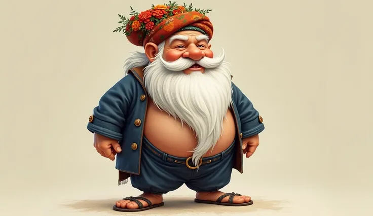 Molla Nasreddin, short in stature with a large belly and a long white beard reaching down to his navel, wearing sandals and a navy-blue Arabic-style dishdasha, along with a floral-patterned turban adorned with red and orange flowers and tiny green leaves.