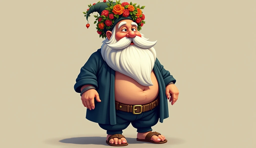 Molla Nasreddin, short in stature with a large belly and a long white beard reaching down to his navel, wearing sandals and a navy-blue Arabic-style dishdasha, along with a floral-patterned turban adorned with red and orange flowers and tiny green leaves.