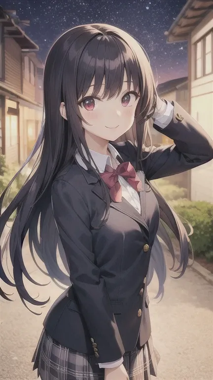  long dark hair、 red eyes、 high school girls、 anime style、 cute、 anime visual 、smile、 anime girl 、school uniform