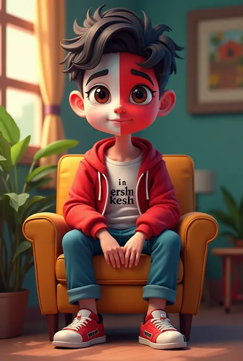 Ek unique  young man ek chair par betha hai realistic attractive cartoon boy aadha face white aour aadha red hai aour uske kapdo par likha hai I M ESH KESH 