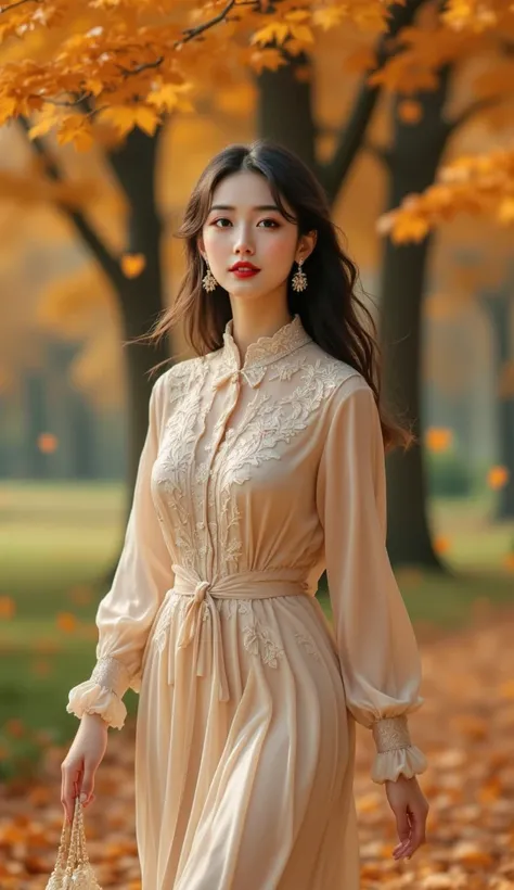  Close up photo of a beautiful young Korean woman long hair Slightly smiling thin. Underwear Luxurious shirt closed high collar with white lace wear soft brown cream outer waistcoat made of shiny silk fabric white floral motifs and three-dimensional emboss...