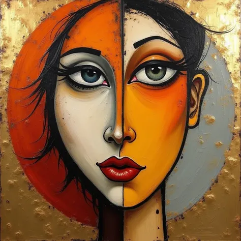 abstract realism painting of beautiful female face in orange, gold and gray with modern brush technique, Picasso style, copper yellow and dark red, circular shape, abstract, exaggerated layers and complex composition, masculine neo-cubism
