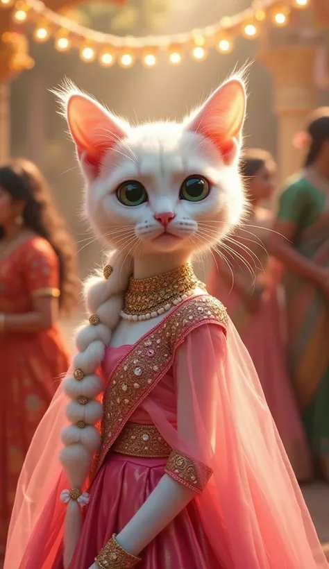 A glamorous and elegant anthropomorphic white cat with soft, sleek fur, striking green big eyes, and a delicately sculpted pink nose. She is dressed in a vibrant pink lehenga or saree adorned with intricate embroidery and embellishments, exuding regal char...