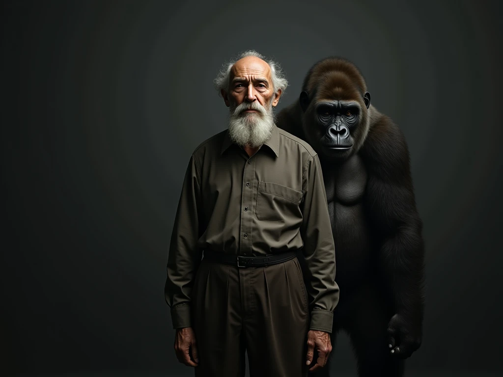 photo réaliste HD homme debout corps en entier personnes âgées moustaches blanches style caravage nus et un gorille fond gris foncé