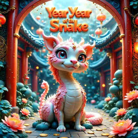  3D animation style ，Spirit Snake Spring Festival Map ，The words “Happy Year of the Snake” composed of gold coins are written at the top of the screen，