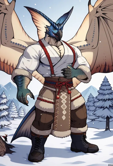 Scribble Legiana face,furry(Legiana),pummelig, athletic muscular, big strong large giant muscle, muscular arms, Legiana Wings, ,( black eyebrows :1.1),(perfect eyes), fur，scale, alone, Wears Monster Hunter clothes, friendly and Helpful,（artist:takemoto ara...