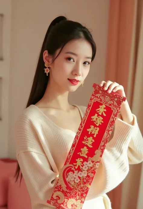 a beautiful woman holding spring couplet, wearing white loosen sweater, looking at viewer, in apartment, intricate details, delicate facial features, elegant pose, natural lighting, warm color palette, photorealistic, 8k, high quality, detailed painting