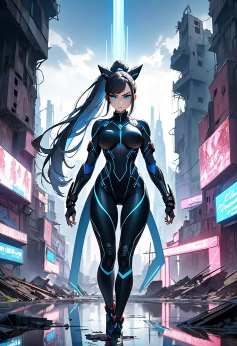 
"A stunningly beautiful female warrior with a sleek, futuristic bodysuit that accentuates her athletic yet graceful figure. She has long ponytailed hair with subtle blue undertones, the hair has trimmed bangs that rest below her eyebrows, and her piercing...