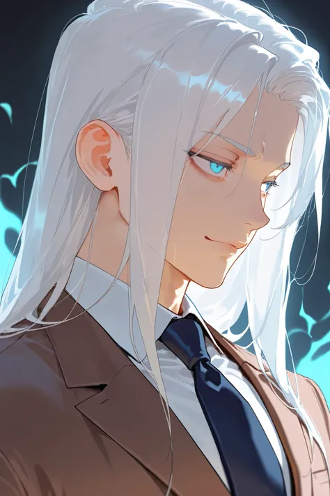 best quality, masterpiece,highest resolution, 1male, solo, white hair,long hair, brown suit, tie , portrait, (Psychic:1.2), small smile,blue eyes, small smile, mean face, put hands in pocket, side view