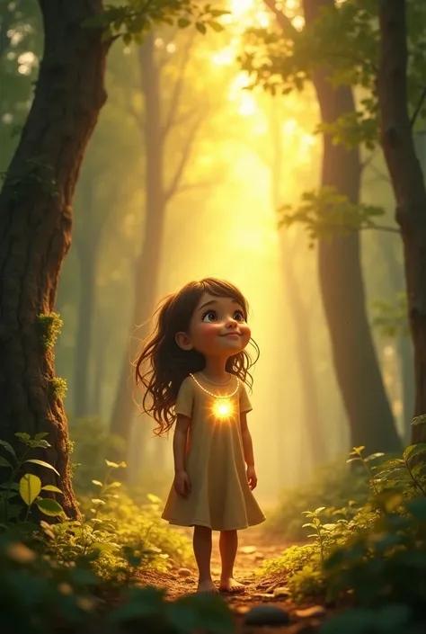 The forest, now bathed in a warm, golden light.
2. *Character*:  little Lily, wearing the glowing necklace, smiles and looks up at the sky, symbolizing their special bond