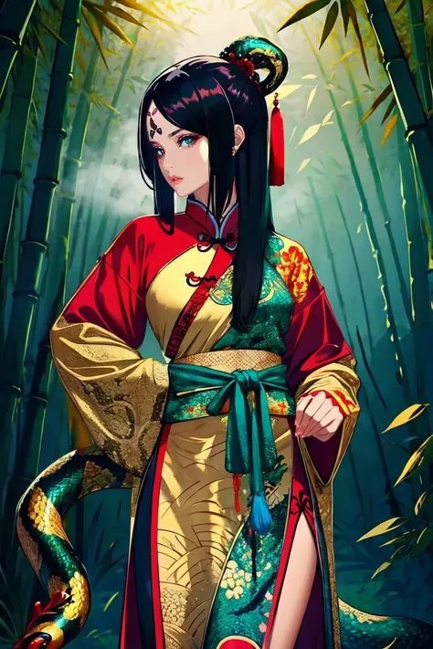 Snake cloth, 3Chinese woman, long jet-black hair, golden serpent hairpins, crimson silk qipao, emerald scale embroidery, jade-green slit eyes, iridescent serpent, turquoise scales, coiled pose, misty bamboo forest, floating lanterns, traditional Chinese fa...